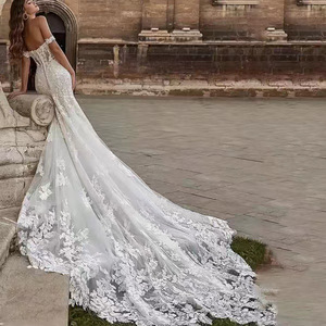 Off The Shoulder Wedding Dress Mermaid Silhouette <b>Lace</b> Bridal Gown Sweetheart Neckline Pure <b>White</b> Ivory <b>White</b> - Product Image 2