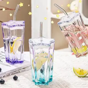 300ML Pentagonal Star Verre Paille Tasse Bambou Couvercle Haute Esthétique Moderne Couleur Dégradé Boisson Froide Tasse Bières 40oz Grandes Fêtes