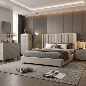 Juego de Muebles de Dormitorio Moderno con Cama King Size Acolchada, Diseño Contemporáneo en Cuero PU, Juego de Armario y Cómoda para el Dormitorio del Hogar - Product Image 2