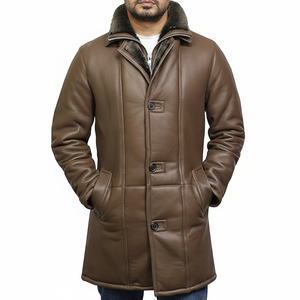 Manteaux d'hiver chauds en cuir de mouton véritable doublure en peau de mouton fermeture à boutons veste de style aviateur taille personnalisée pour hommes - Product Image 1