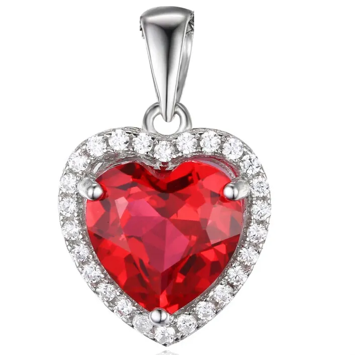 18K White Gold Women Jewelry Big Large Diamond Necklace Pendant Cubic Zirconia Birth Stone Ruby Love Heart Pendant Necklace