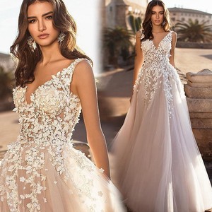 French Style V-neck A-line Tulle Wedding Dress White Floral Print Natural Waistline Floor Length Bridal Gown for Outdoor - Product Image 1