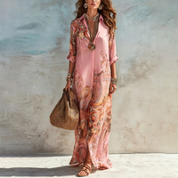 Robe longue imprimée pour femme, manches trois quarts, coupe ample, fente, boutons, idéale pour les vacances, la plage, élégante et tendance