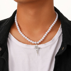 Collane <span class=keywords><strong>con</strong></span> Ciondolo a Croce e Perle in Stile Hip-hop per Uomo, Accessori Quotidiani <span class=keywords><strong>Maschili</strong></span> - Product Image 1