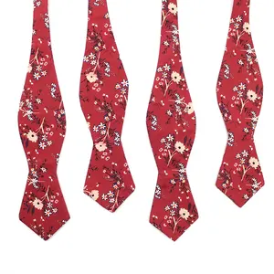 China Supplier Vintage Fab Floral Printing Adjustable Diamond Tip Maroon Bowtie Self Tie Groom Men's Cotton Bow Tie For Men