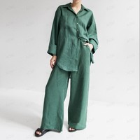 Fournisseur de vêtements de marque OEM, ensemble deux pièces personnalisé, couleur unie, coton et lin, chemise et pantalon pour femmes, ensemble grande taille pour femmes