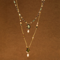 Collier superposé bohème pour femme, garnet naturel, pyrite, perle d'eau douce, coquillage, laiton, vintage, ethnique, double couche, vente en gros