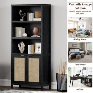 Librería Alta Negra Estilo Boho al por Mayor, Estantería de Madera con Puertas, Estantes Ajustables, Estilo Ratán - Product Image 4