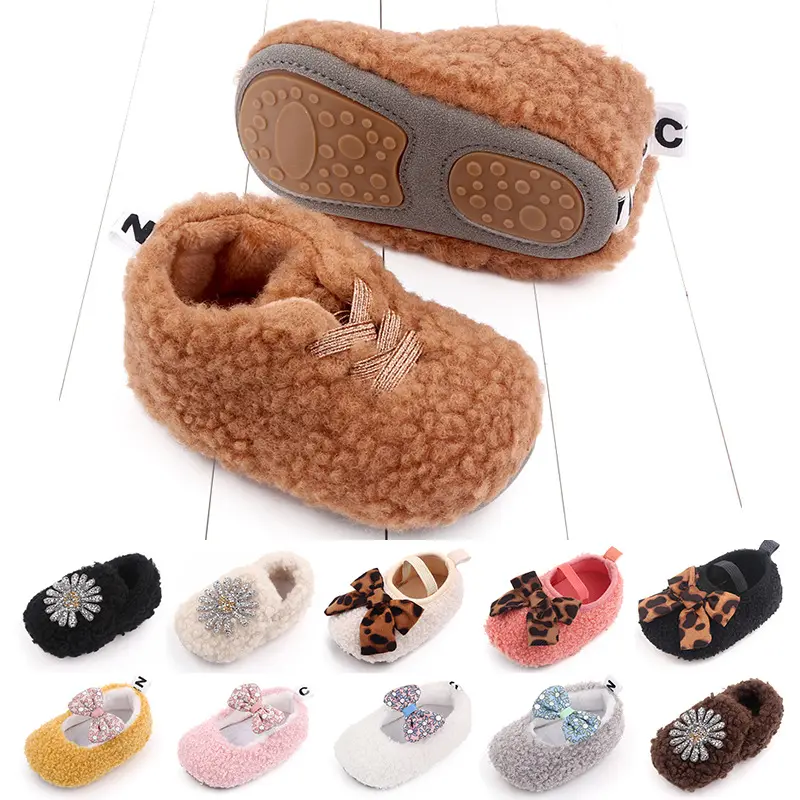 Sapatos de bebê macios de inverno pré-caminhada de pelúcia para meninas arco sapatos de caminhada