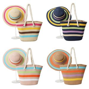 Ensemble populaire de sac de plage et chapeau de soleil pour les vacances d'été, 2 pièces, sac fourre-tout en paille à fermeture éclair pour femme, idéal pour l'extérieur - Product Image 1