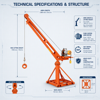 Grue extérieure 1000 kg avec flèche orbitale à 360 degrés, treuil électrique 220 V, câble métallique anti-torsion pour levage de matériaux sur toiture