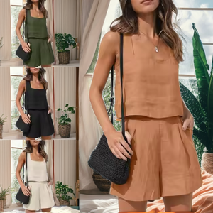 Women 2 Piece Solid Color Shorts <b>Set</b> Sleeveless Top With Pocket Casual Loose Fit Spring Summer Outfit Chiffon Material - Product Image 2