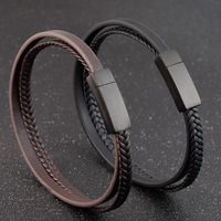 Bracelet en cuir véritable tressé à double couche avec fermoirs magnétiques en acier inoxydable pour hommes