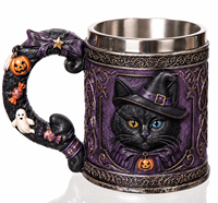 Chope à bière personnalisée en résine, motif chat noir sorcière d'Halloween, avec doublure amovible en acier inoxydable de qualité alimentaire, peinte à la main, style gothique
