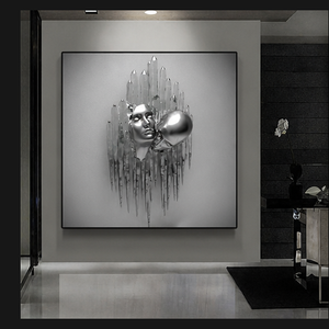 Impresión <span class=keywords><strong>de</strong></span> Arte Mural Abstracto Monocromático con Rostro, Retrato en Gris Plateado para Sala <span class=keywords><strong>de</strong></span> Estar, Dormitorio, Recepción, Interiores Contemporáneos - Product Image 1