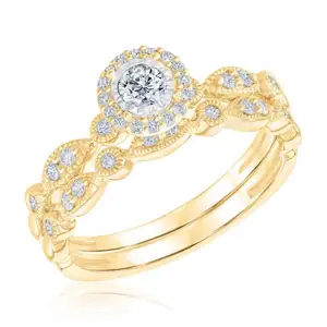 S925镀金结婚戒指套装订婚戒指结婚戒指套装圆形切割钻石戒指