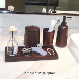 Ensemble <span class=keywords><strong>de</strong></span> salle <span class=keywords><strong>de</strong></span> bain 4 pièces en bois d'acacia massif avec plateau, distributeur <span class=keywords><strong>de</strong></span> savon, tasse à brosse à dents, pot en coton, vanité en bois pour <span class=keywords><strong>évier</strong></span> Marron - Product Image 5