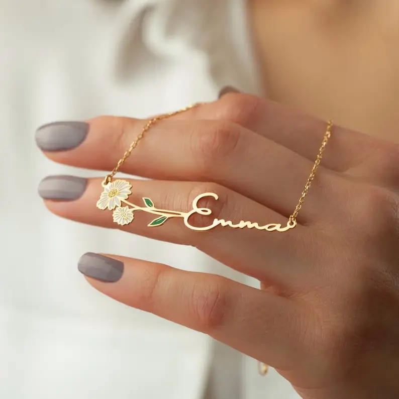 Mode Edelstahl Schmuck personal isierte Name Brief Halskette vergoldet benutzer definierte Emaille Geburt Blume Name Halskette