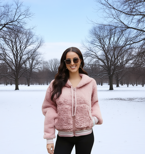 Chaqueta polar con capucha para mujer, rosa, manga larga, informal, para invierno, antipilling, de punto, color liso, con cierre de cremallera y hombros caídos - Product Image 2