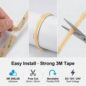 Bande <span class=keywords><strong>LED</strong></span> COB flexible haute densité 480 <span class=keywords><strong>LED</strong></span>/m 12V 24V 10W/m 2700K-6500K CCT <span class=keywords><strong>5m</strong></span>/rouleau pour éclairage intérieur commercial - Product Image 4