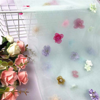 Tulle bleu clair, dentelle brodée, fleurs, paillettes, 3 mm, 100% polyester, tissu extensible léger, certifié EN, 110 GSM, tricotage en trame