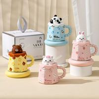 Mug en céramique avec couvercle et paille, résistant aux hautes températures, design stylé de dessin animé pour filles, usage domestique et en couple