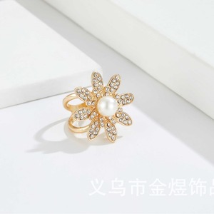 Gold Alloy Pearl Rhinestone Flower Ring Buckle For Scarf Fashion Accessory - Product Image 1