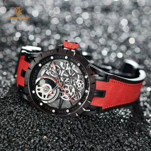 47mm Wind Up Exposed Gmt Locomotive Mechanical Watch Black And Red Auto Wrist Gear Train Under 1000 Mechanical Watch Internals
