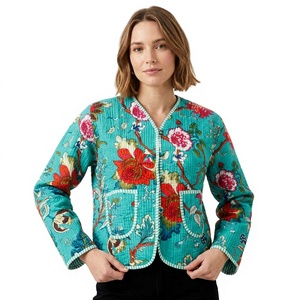 Chaqueta Corta Reversible para Mujer, 100% Algodón Orgánico, Acolchada, Cuello en V, Manga Larga, Estilo Vintage, Patchwork, Estampado de Bloques, Bohemia - Product Image 1