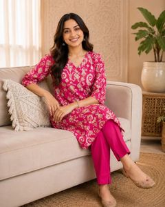 Ensemble Kurta et pantalon Rani Pink élégant, séchage rapide, toutes saisons, en rayonne, tissu doux de qualité supérieure, coupe décontractée, confortable, vêtements traditionnels - Product Image 2