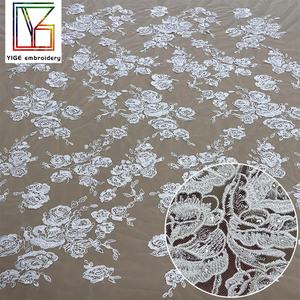 Lusso <span class=keywords><strong>bianco</strong></span> tessuto di pizzo con paillettes da sposa francese da sposa <span class=keywords><strong>Tulle</strong></span> con paillettes ricamo fiore tessuto di pizzo - Product Image 1