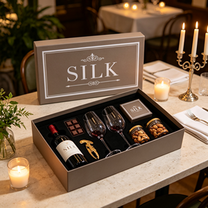 Coffret Cadeau <span class=keywords><strong>Vin</strong></span> en Soie avec Bouteille de <span class=keywords><strong>Vin</strong></span> Rouge, Barre de Chocolat, Tire-bouchon, Verres, Pots d'Amandes, Emballage Marbre – Ensemble Cadeau en Gros - Product Image 1