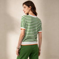 Pull-over col rond à manches courtes pour femme, en nylon/coton tricoté à l'ordinateur, anti-boulochage, coupe ajustée, style marin uni, toutes saisons, vente en gros