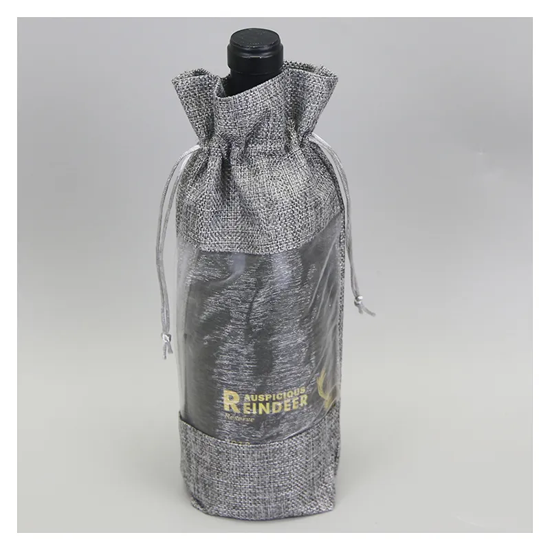 Vente en gros de sac à cordon personnalisé en jute organza transparent à travers la fenêtre pour bouteille de vin rouge