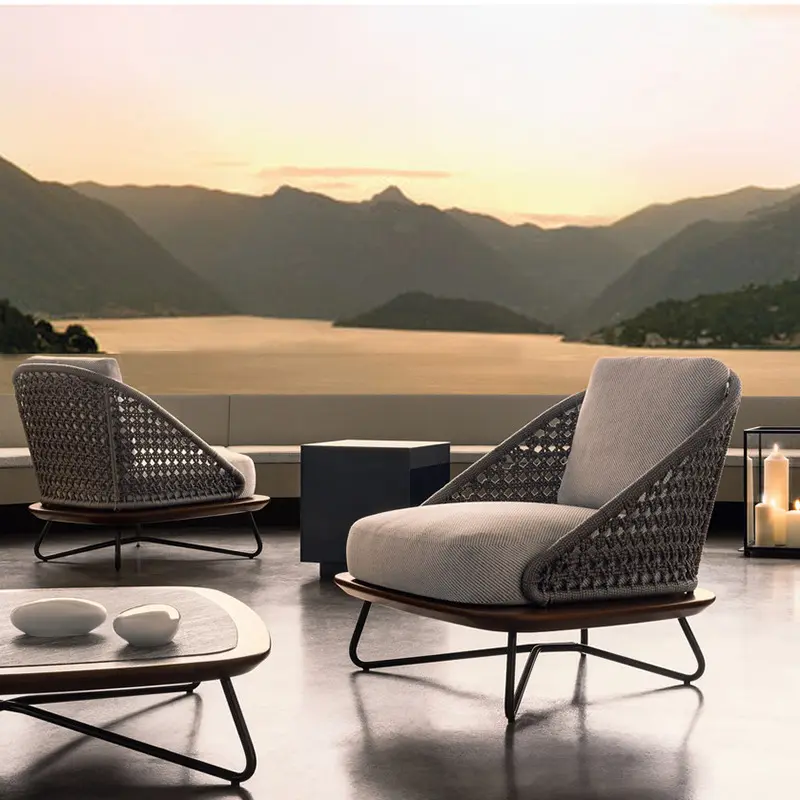Modern restaurant garden wicker lounge wood frame woven rope waterproof patio sofa set outdoor furniture