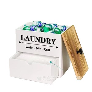 Caja de almacenamiento de madera maciza de doble capa para el hogar, caja de almacenamiento de detergente en pastillas de madera, caja de almacenamiento de detergente en polvo de madera para - Product Image 2