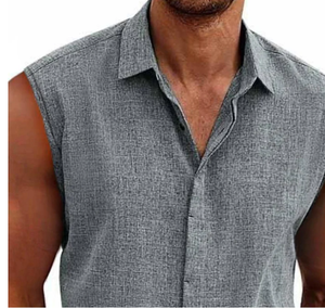 Camisa Casual Sólida <span class=keywords><strong>sin</strong></span> <span class=keywords><strong>Mangas</strong></span> para Hombre, con Botones, Cuello en V Personalizado, <span class=keywords><strong>Sobrecamisa</strong></span> Holgada de Algodón y Lino para Hombre - Product Image 3