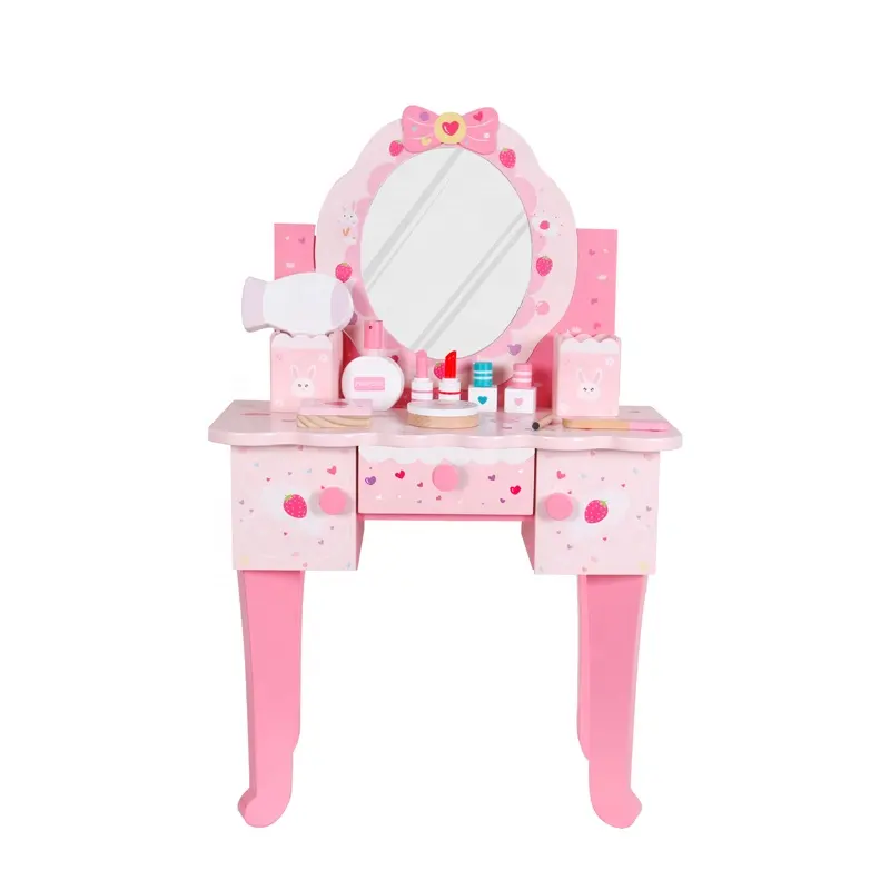 Children's Wooden Pink Dressing Table Cosmetics Toys Child Pretend Play Makeup Toys