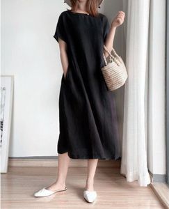 Abito <span class=keywords><strong>Midi</strong></span> Estivo da Donna Casual Oversize Morbido in Lino e <span class=keywords><strong>Cotone</strong></span> a Tinta Unita con Maniche Corte e Logo Personalizzato, Prodotto di Grande Successo - Product Image 6