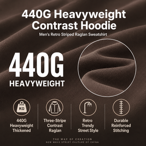 <b>Men</b> 440G Heavyweight Contrast Hoodie Retro Striped Raglan <b>Pullover</b> Oversized Streetwear Sweatshirt Wholesale OEM Supplier Top - Product Image 2