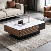 Mesa de Centro Moderna Multifuncional con Dos Cajones, Acabado en Madera PVC, Superficie de Piedra Microcristalina y Mesa Auxiliar a Juego