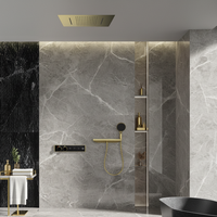 Système de douche mural contemporain en laiton poli, mitigeur monocommande, finition céramique noir mat, pommeau de douche pluie encastré, massage, pour hôtel