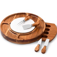 WanuoCraft Planche à fromage ronde en bois d'acacia, plateau en marbre, tiroir à couverts, plateau de service pour charcuterie, ensemble de couteaux dissimulé, épaisseur 4 cm