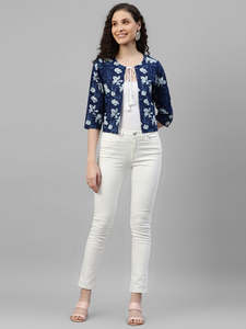 DEEBACO Bolero de Algodón Índigo Floral para Mujer, con Lazos, Abierto por Delante, Manga Corta, Ajuste Relajado, Estilo Western, de Una Pieza, Casual - Product Image 2