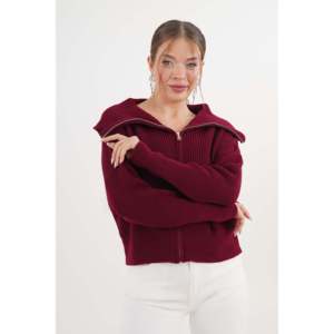 Cárdigan de Punto Borgoña para Mujer, con Cierre, Cuello Alto, Casual, Antipilling, Estilo Simple y Moderno - Product Image 6