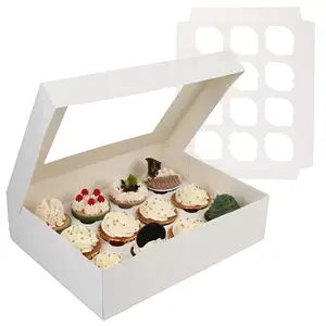 ウィンドウパッキングボックス付きカスタム段ボールホワイトケーキ4穴と6穴ベーキングカップケーキボックスカップケーキボックス12穴