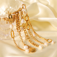 Pulseras de Cadena Cubana de Acero Inoxidable con Oro de 18K y Perlas Naturales de Agua Dulce para Mujer, para Regalo