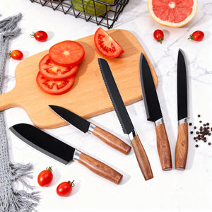 6-टुकड़ा स्टेनलेस स्टील रसोई चाकू लकड़ी के हैंडल काले ब्लेड भंडारण ब्लॉक के साथ सेट-टिकाऊ द्वितीदार डिजाइन - Product Image 4