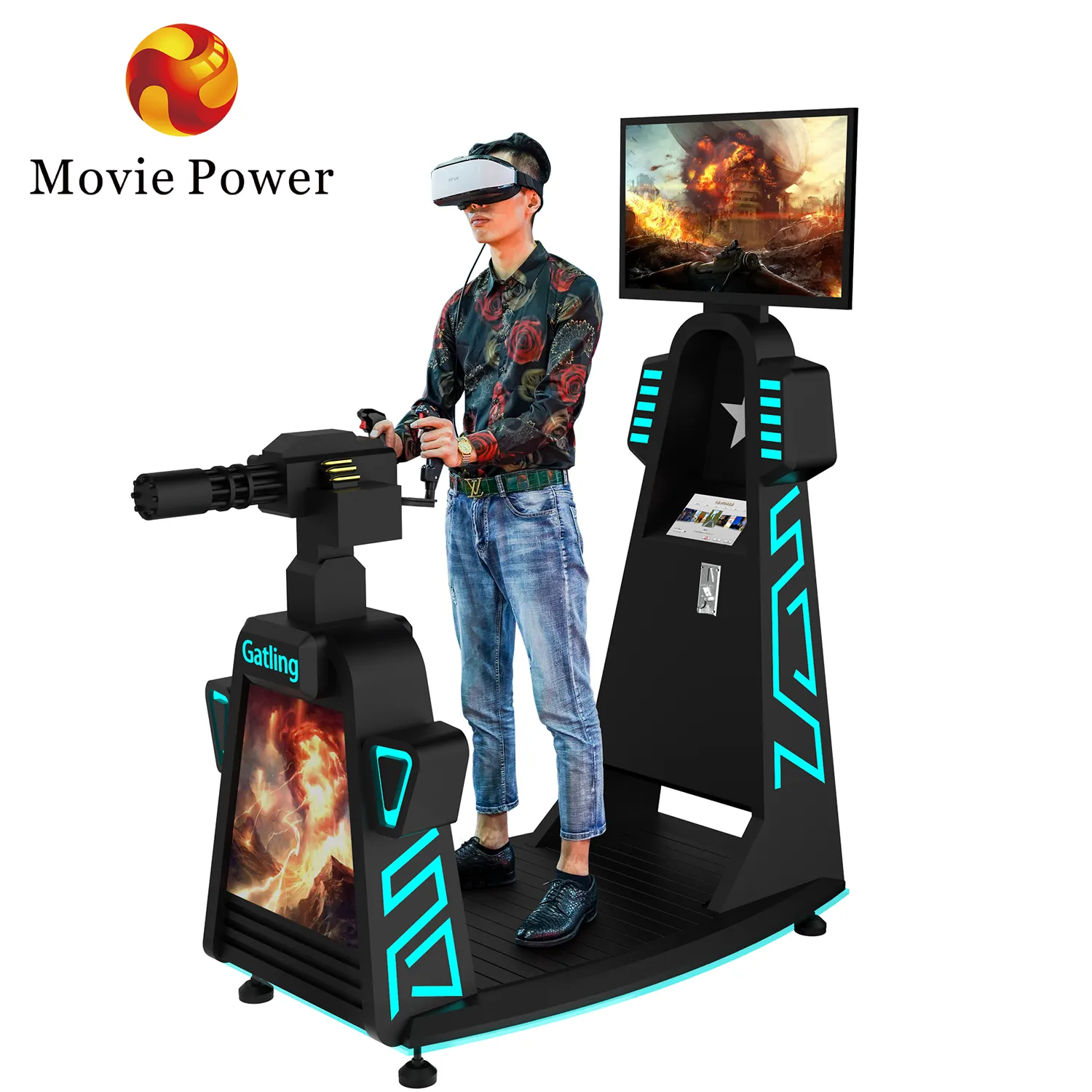 Sanal gerçeklik arcade ateş etme oyunu makinesi vr simülatörü film güç oyun alanı kapalı çok oyunculu vr Gatling g için çekim