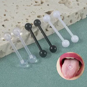 YICAI 14G Black White Flexible Acrylic Straight Tongue Nipple Ring Retainer Body Piercing Acrylic Barbells Tongue Piercing